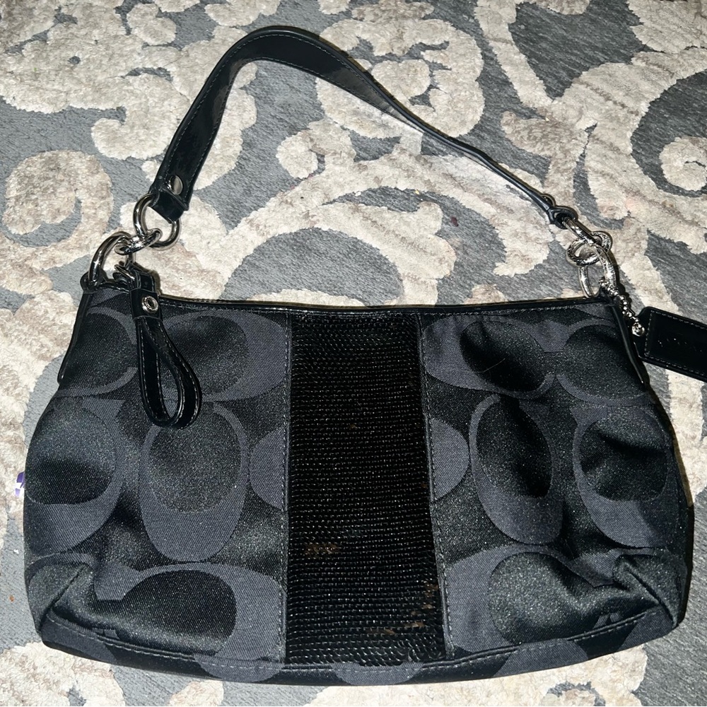 COACH DEMI BLACK SIGNATURE SATEEN
SEQUINED STRIPE HOBO HANDBAG